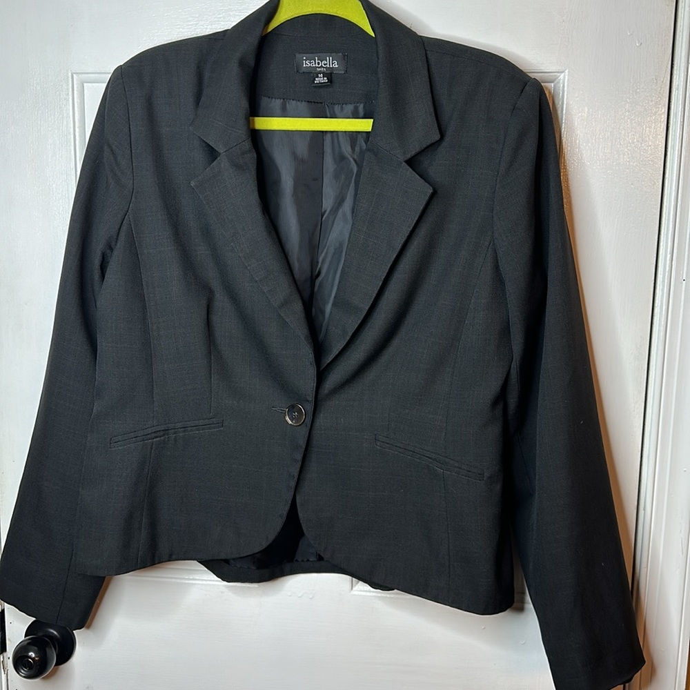 Size 14 charcoal gray blazer, one button; does not require dry cleaning.